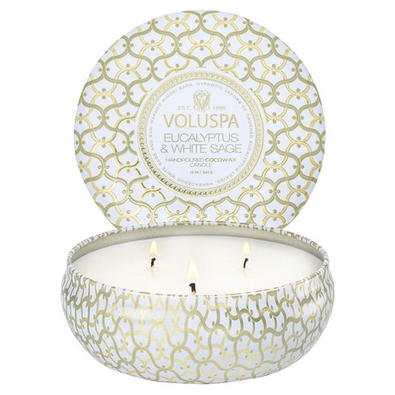 Voluspa 3-Wick Tin Candle Eucalyptus And White Sage 40h