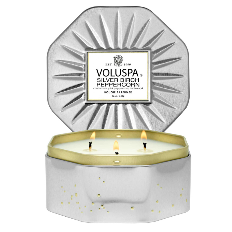 Voluspa Octagon Tin Candle Silver Birch Peppercorn 40h (340 g)